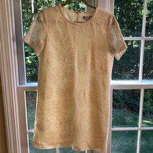 Ivory tropical print mesh overlay linen dress